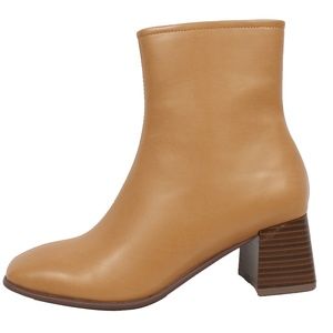 Natural Square Toe High Top Stacked Heel Ankle Bootie